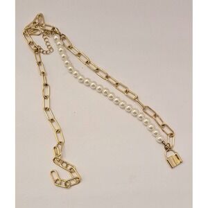 Gold Tone Paperclip Chain Necklace with Faux Pearls & Lock Charm | Adjustable